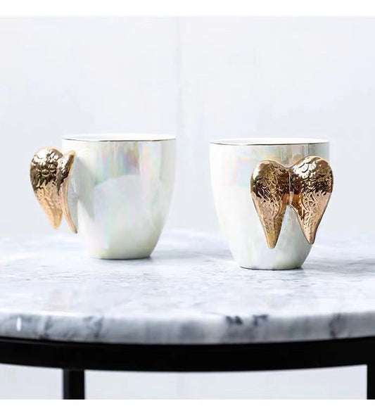 Fairy cup golden angel wings ceramic cup pearl glaze creative coffee cup milk tea cup wedding hand gift cup